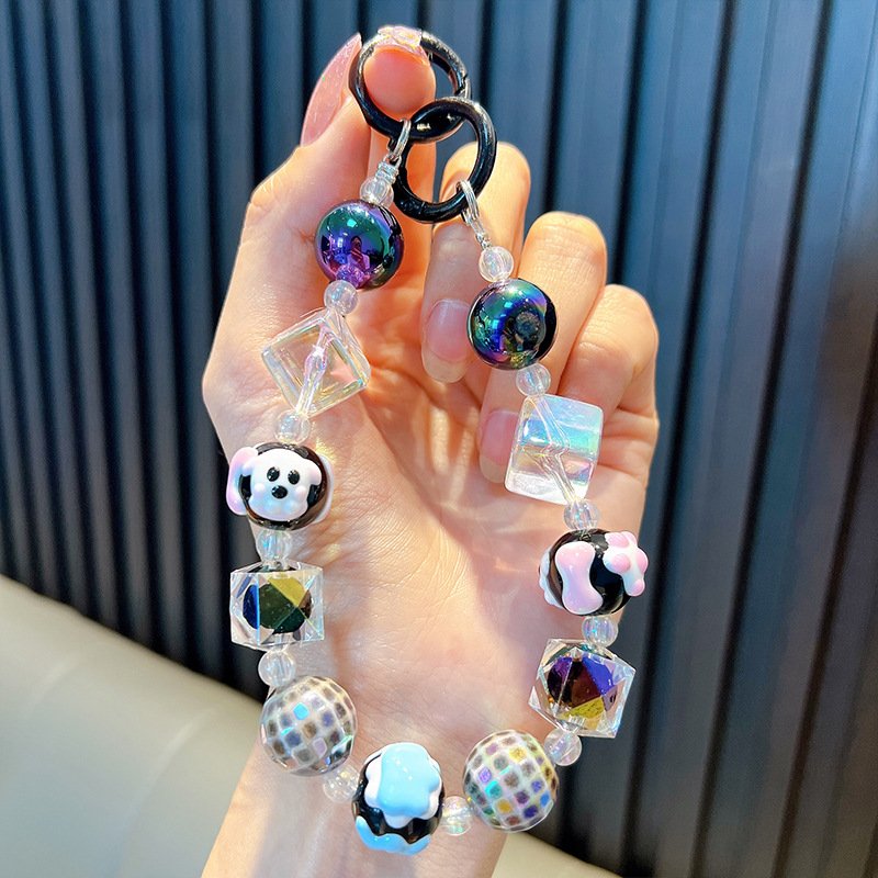 Cute cartoon beaded mobile phone chain key chain acrylic hand-painted beaded wrist strap bag headphone pendant wholesale