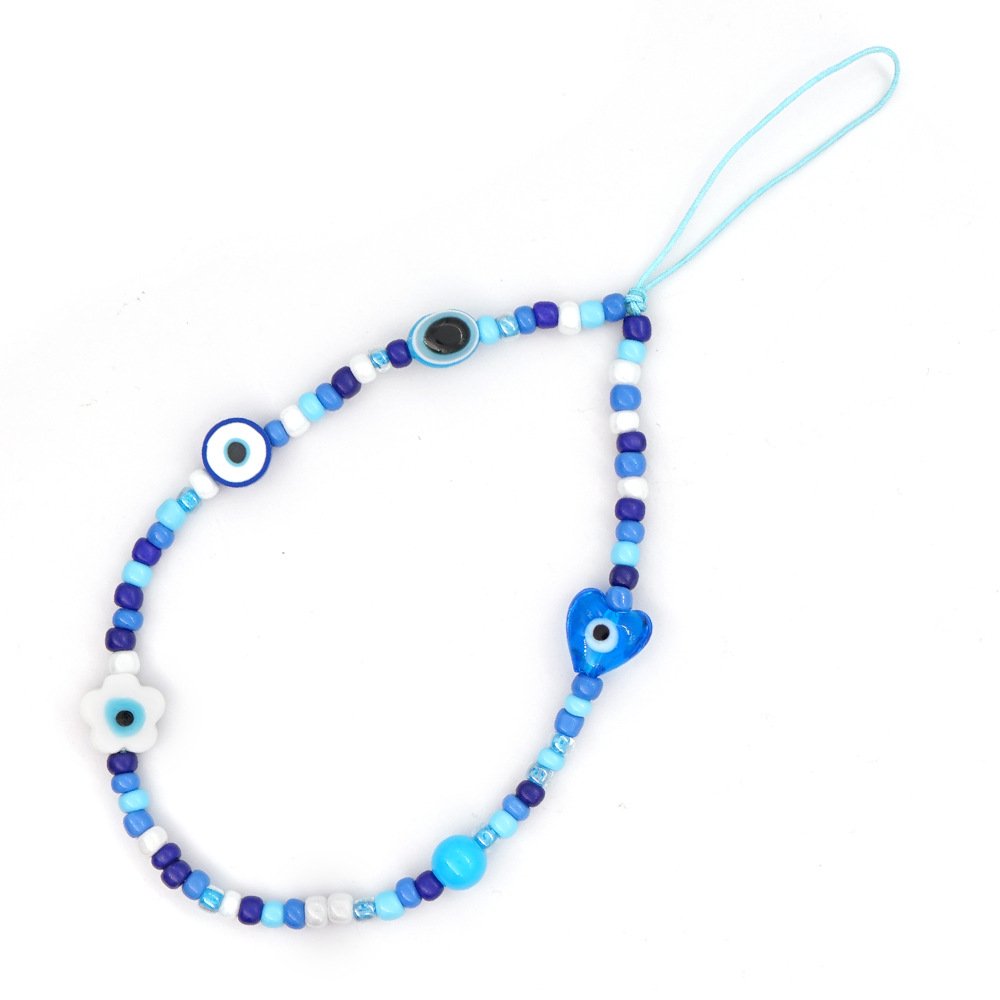 2022 Printed mobile phone lanyard 12mm white glaze eyes heart blue glass rice beads wrist mobile phone chain female