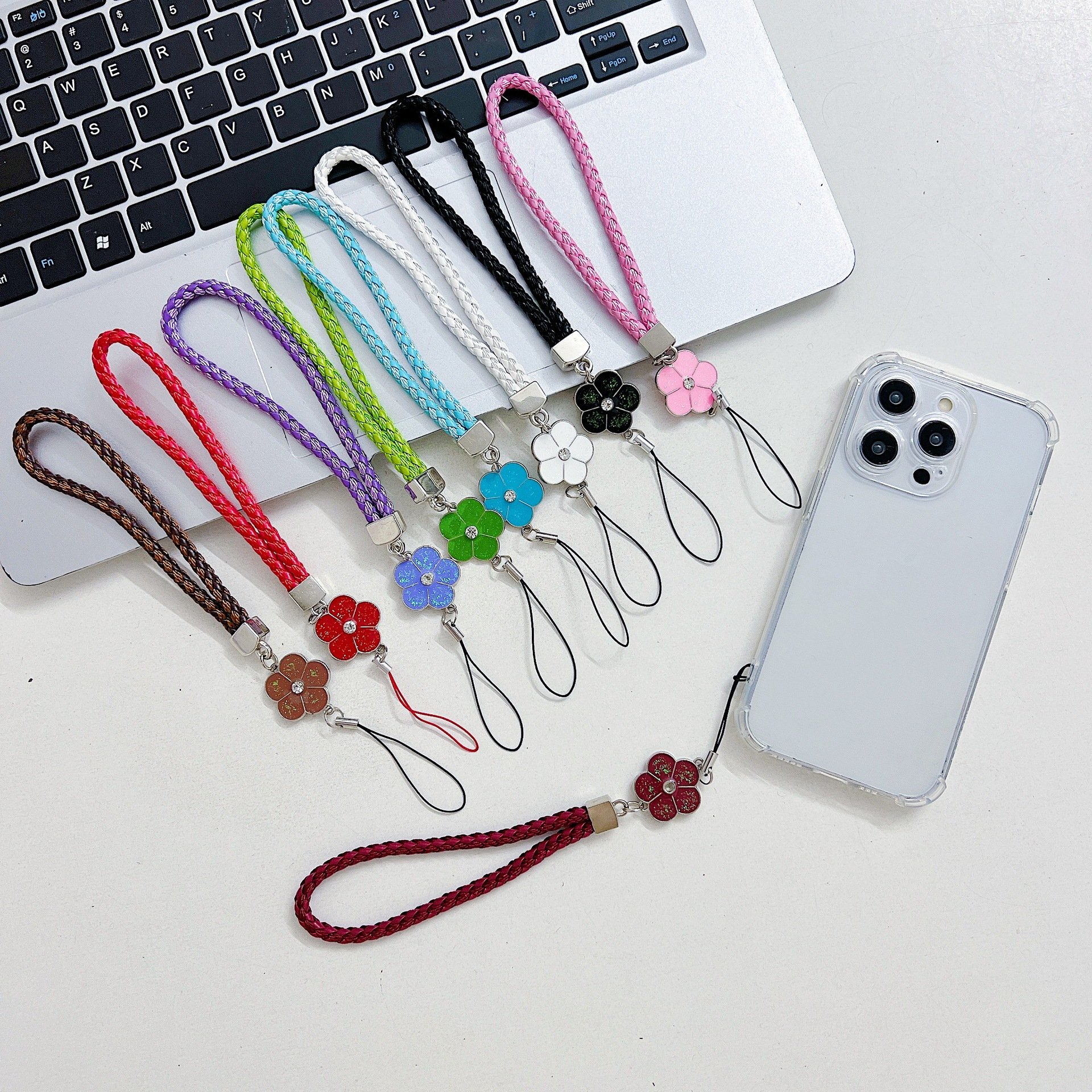 mobile wrist nylon flowers designs lanyard wrist strap hand lanyard for all smartphones keychain cell phone beads