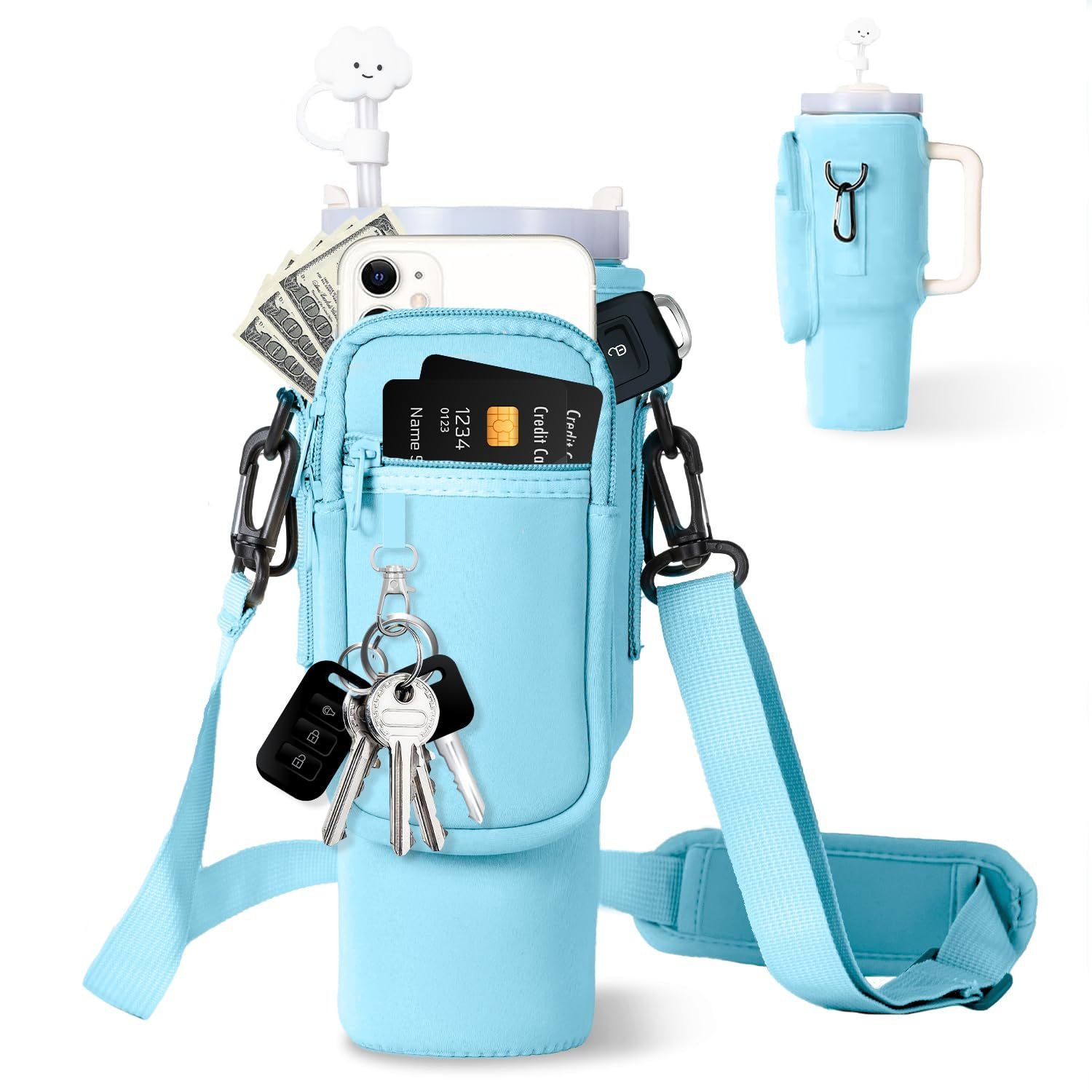 Multifunctional Water Bottle Bag with Zipper Mobile Phone Holder for Stanley Cup 40/30 oz with Adjustable Strap& Straw Cover