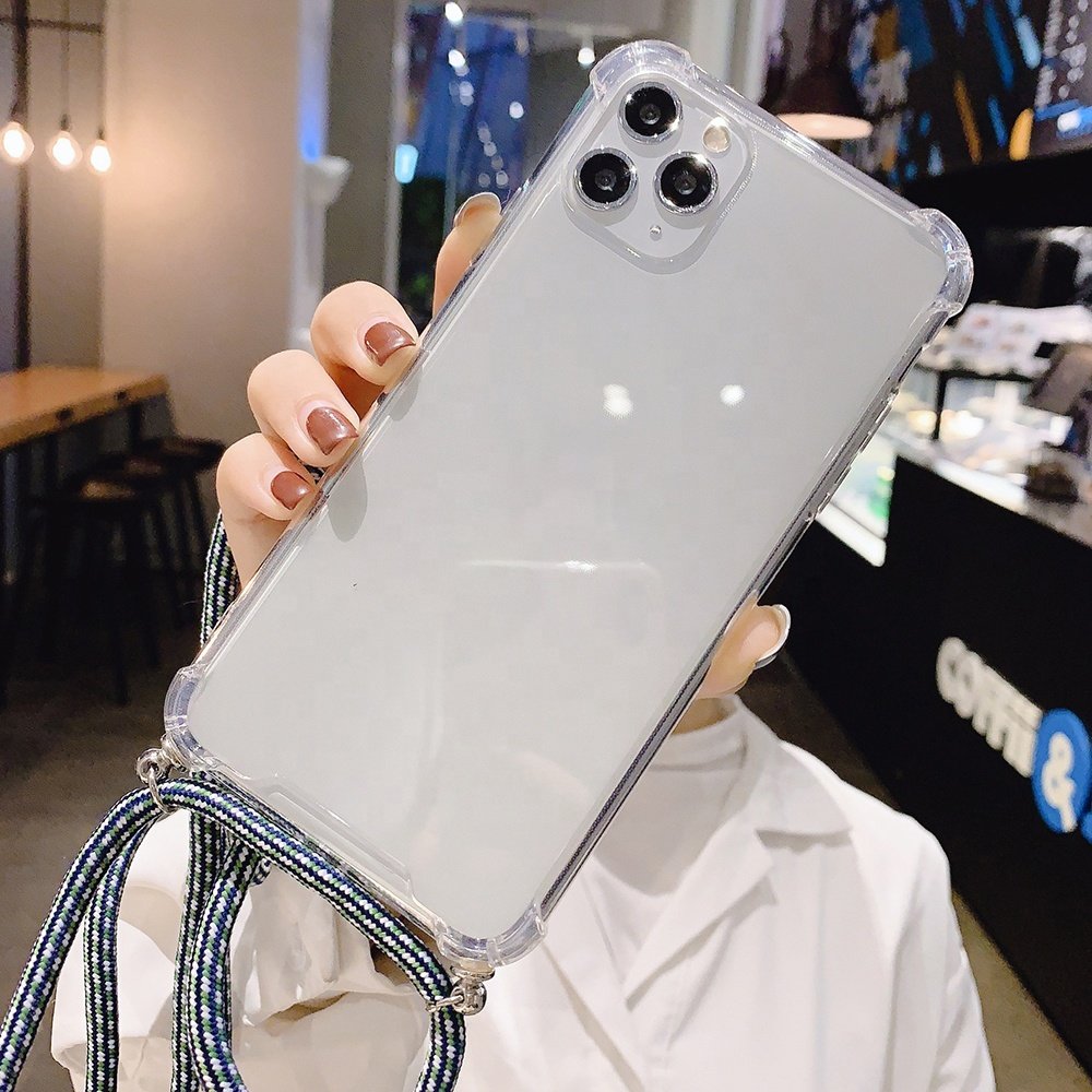 Hot Anti Shock Transparent Tpu Phone Case Strap With Rope Lanyard For iPhone 11 12 13 14 15 16 Pro max