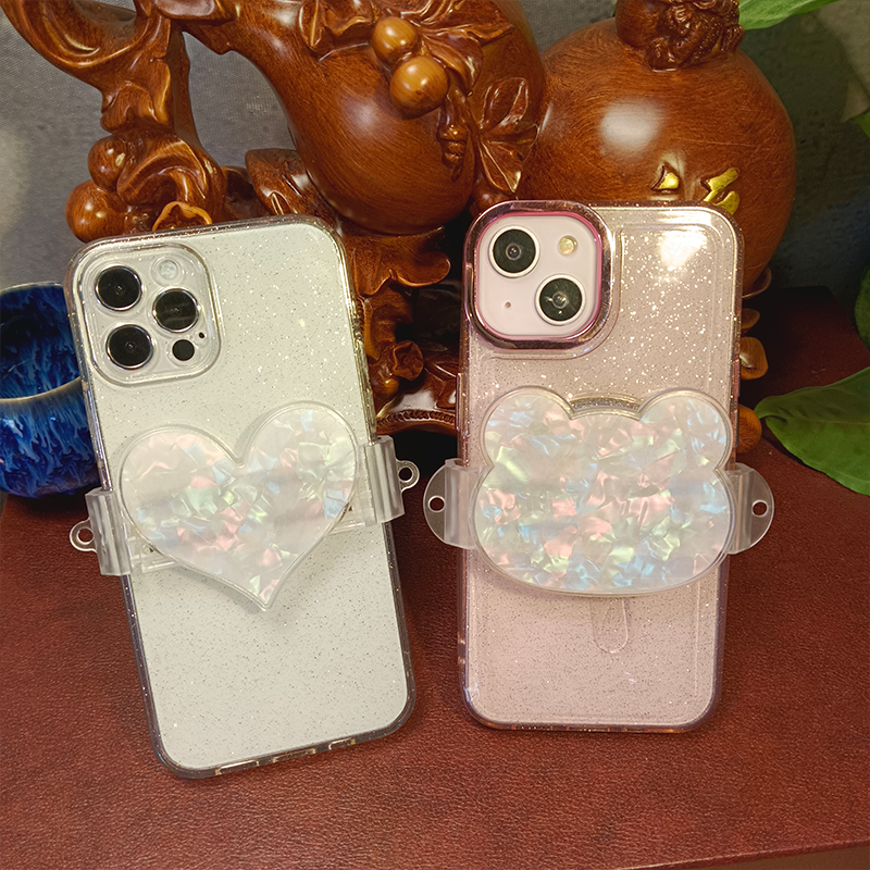 Mobile phone back clip with shell pattern, transparent PC clip, DIY material, hanging rope, retractable clip phone accessories