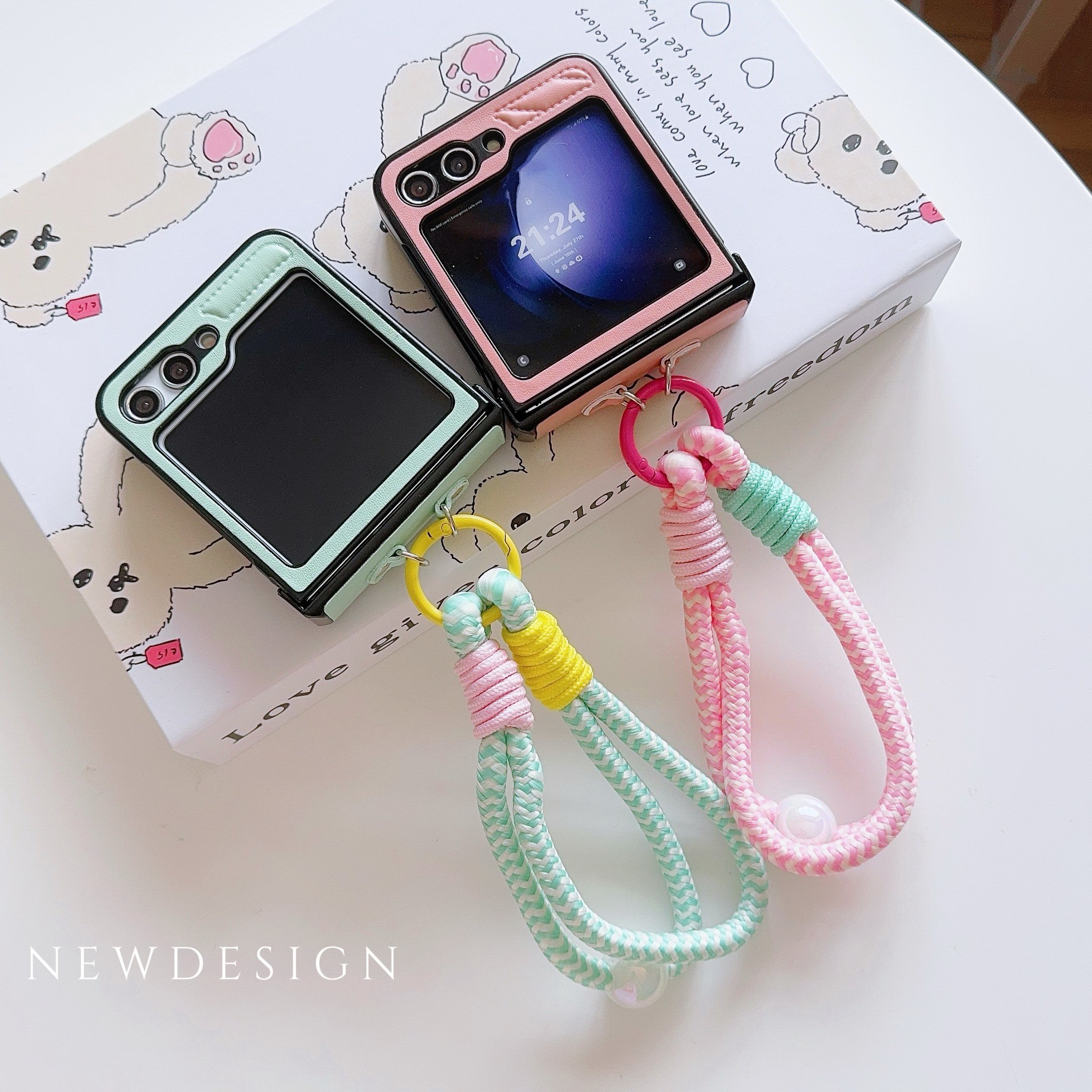 2024 3D Pinstripe Mobile Phone Cases With Braided Cell Phone Rope for Samsung Galaxy Z FLIP 6 5 4 3 vivo XFLIP