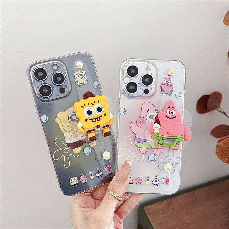 For Iphone 15promax cartoon leather wrist strap case Spongebob iPhone14/13/12/8xs