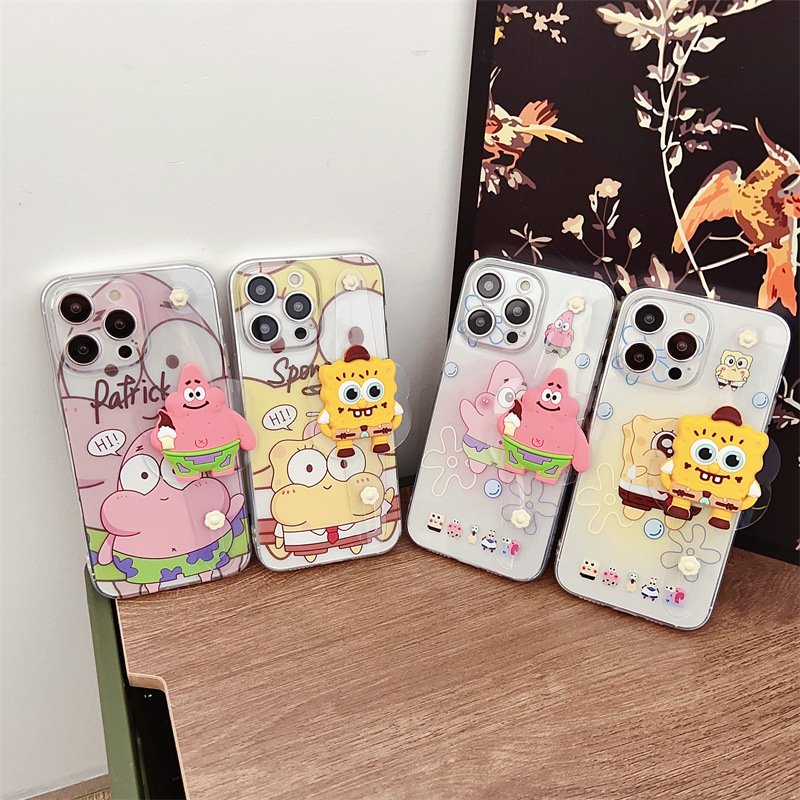 For Iphone 15promax cartoon leather wrist strap case Spongebob iPhone14/13/12/8xs