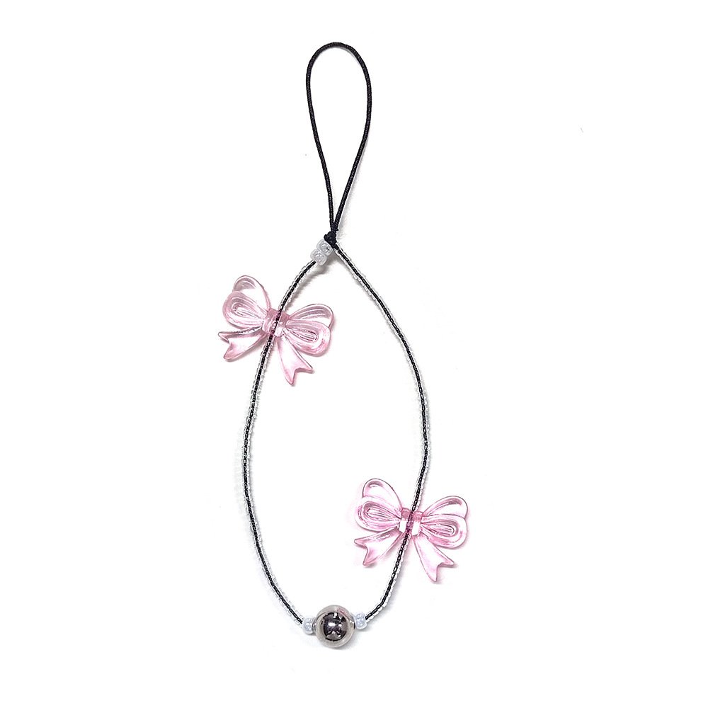 Cute Handmade Silver Black Bow Beads Beaded Cell Phone Wrist Strap Rope Cord Lanyard Phone Case Charm Accessories for Girl Women