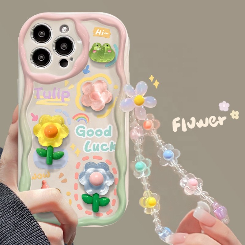 Korean 3D Bear Hang Phone Chain Lanyard Clear Soft Case For iPhone 16 15 14 Pro Max 11 13 12 Mini XR SE Cute Flower Cover