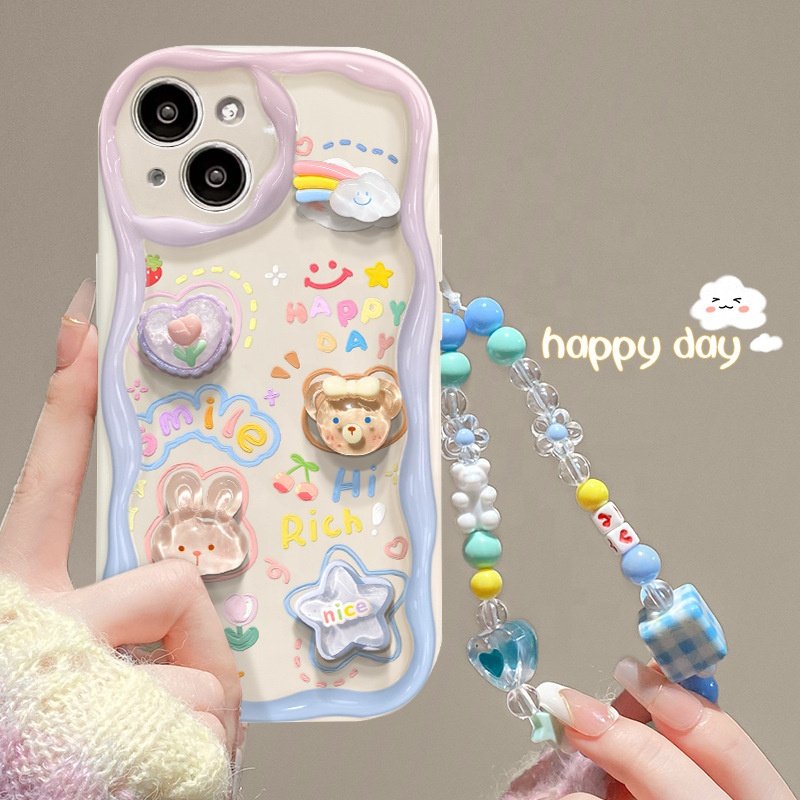 Korean 3D Bear Hang Phone Chain Lanyard Clear Soft Case For iPhone 16 15 14 Pro Max 11 13 12 Mini XR SE Cute Flower Cover