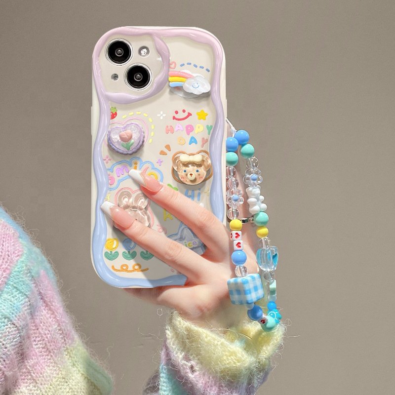Korean 3D Bear Hang Phone Chain Lanyard Clear Soft Case For iPhone 16 15 14 Pro Max 11 13 12 Mini XR SE Cute Flower Cover