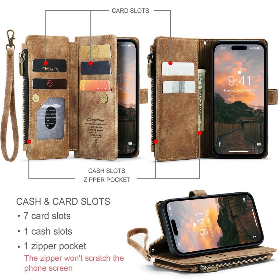 CaseMe Luxury Phone Case For iPhone 16 15 14 13 12 Pro Max 7 8 SE 2020 with Wrist Strap Zipper Credit Card Cover For iPhone 16
