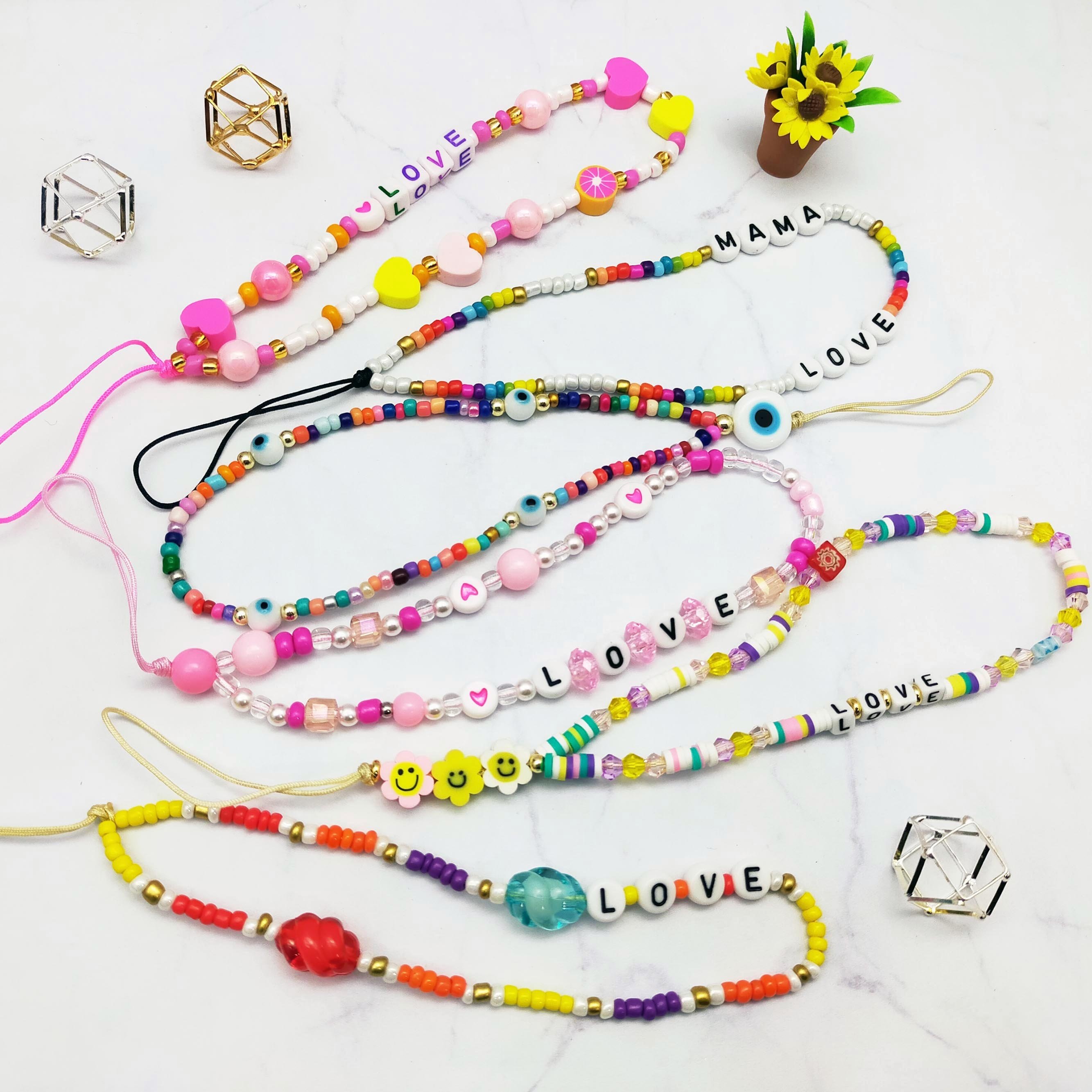 Fashion Jewelry glass seed beads with alphabet beads mobile phone chains girls phone strap phone charms
