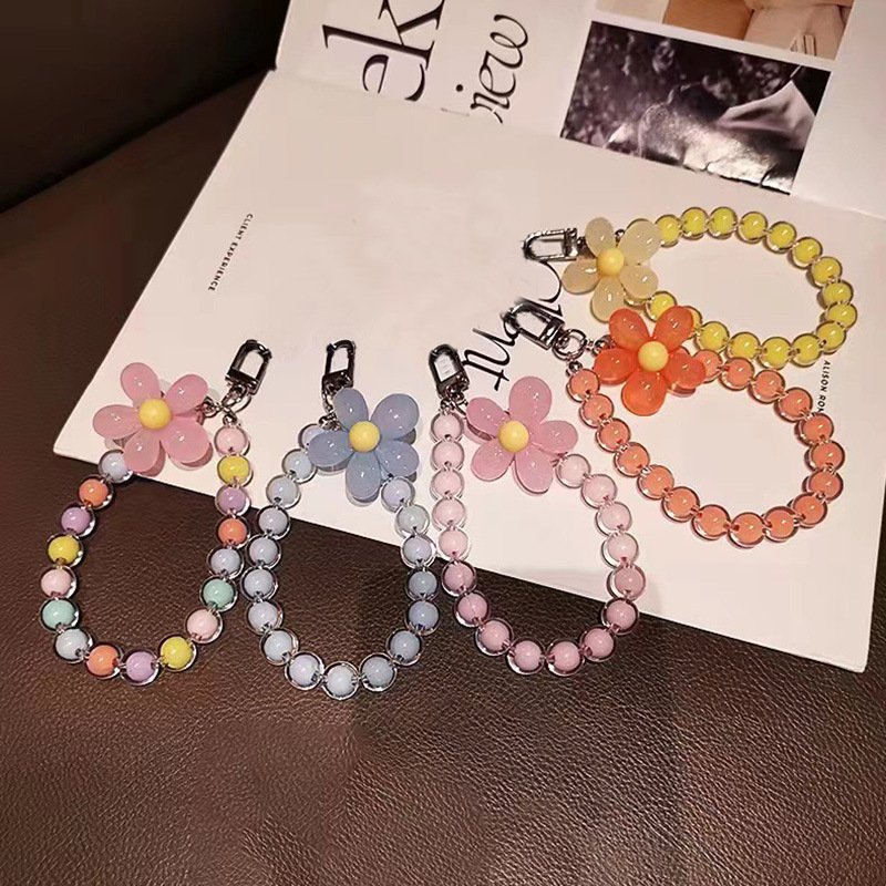 Fashion Colorful Flower Beads Mobile Phone Chain Crystal Beaded Short Phone Case Wrist Strap Lanyard Fit For All Smart phone