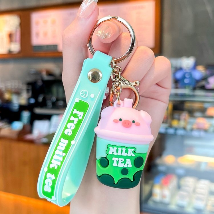 MAIMA Cartoon 3D Pig Milk Tea Mobile Phone Straps Hand bag Pendant KeyRing Kawaii boba tea cup Key Chain Bear Rubber Keychain