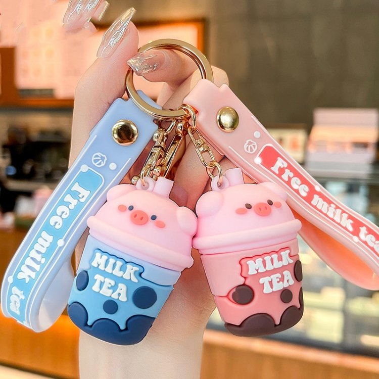 MAIMA Cartoon 3D Pig Milk Tea Mobile Phone Straps Hand bag Pendant KeyRing Kawaii boba tea cup Key Chain Bear Rubber Keychain