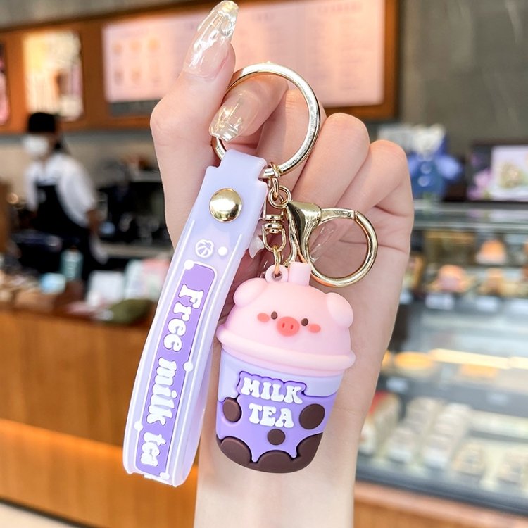 MAIMA Cartoon 3D Pig Milk Tea Mobile Phone Straps Hand bag Pendant KeyRing Kawaii boba tea cup Key Chain Bear Rubber Keychain