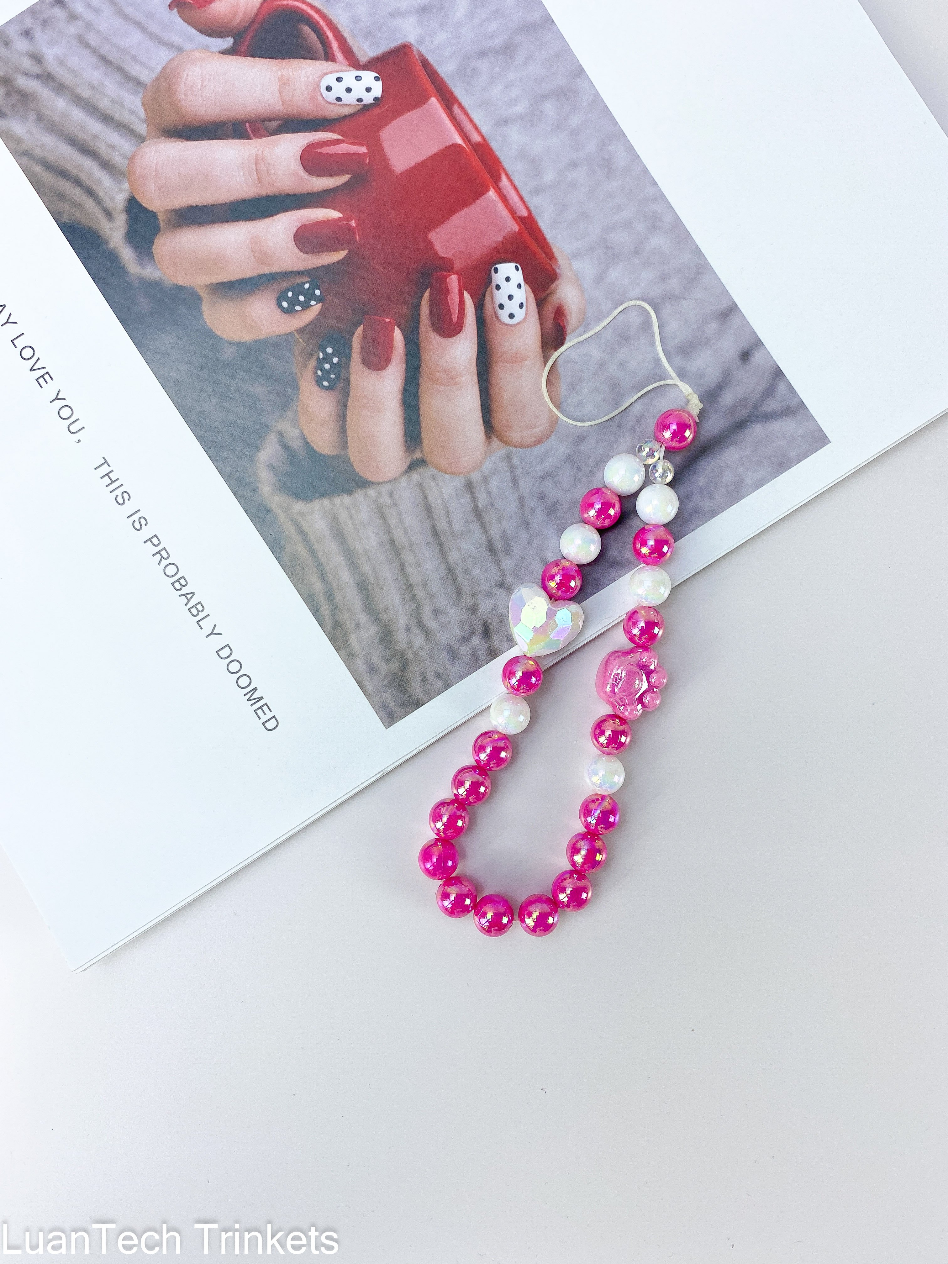 LUVI Beaded Phone Charm Lanyard Wrist Strap Love Heart Bow Beads Chain Cute Paws Bling Bracelet Keychain Fashion for Women