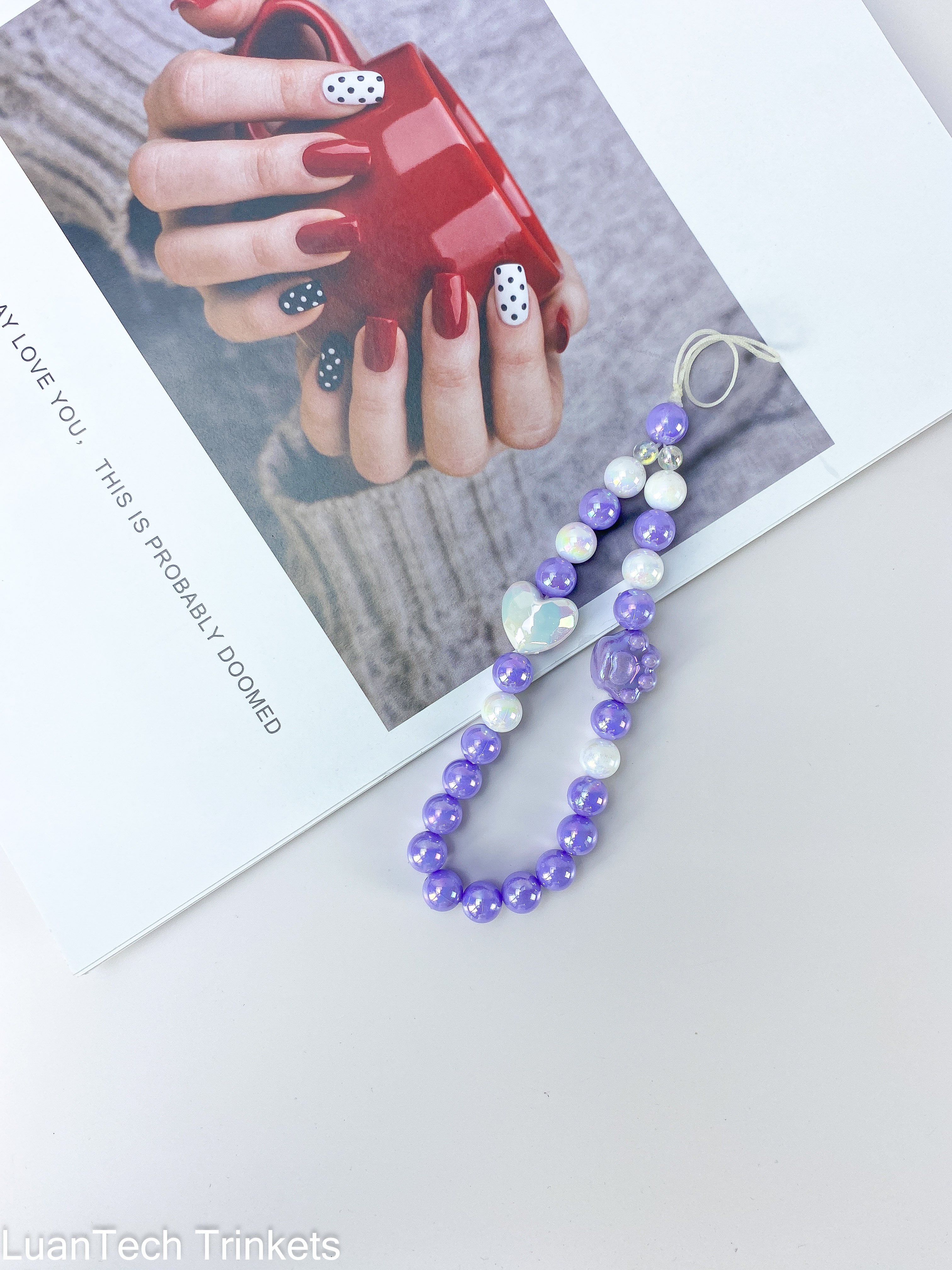 LUVI Beaded Phone Charm Lanyard Wrist Strap Love Heart Bow Beads Chain Cute Paws Bling Bracelet Keychain Fashion for Women