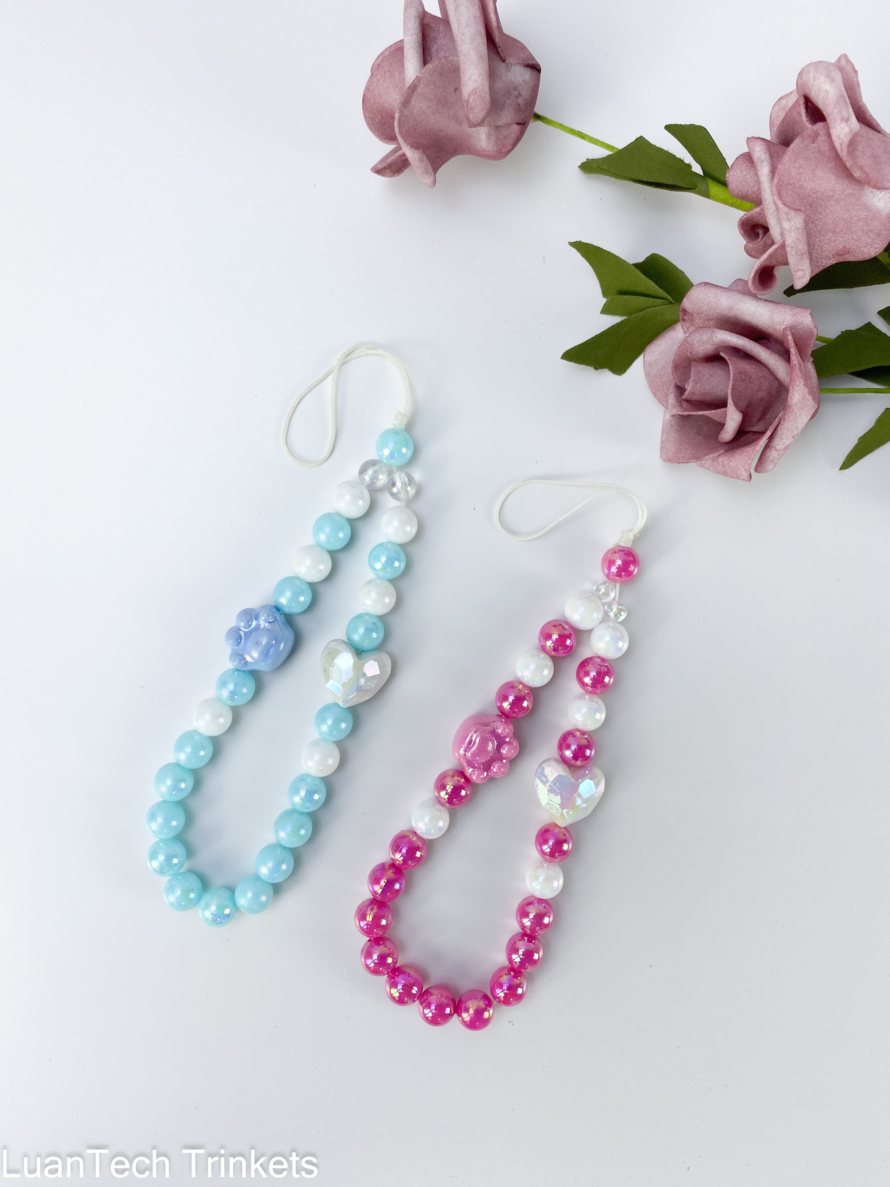 LUVI Beaded Phone Charm Lanyard Wrist Strap Love Heart Bow Beads Chain Cute Paws Bling Bracelet Keychain Fashion for Women