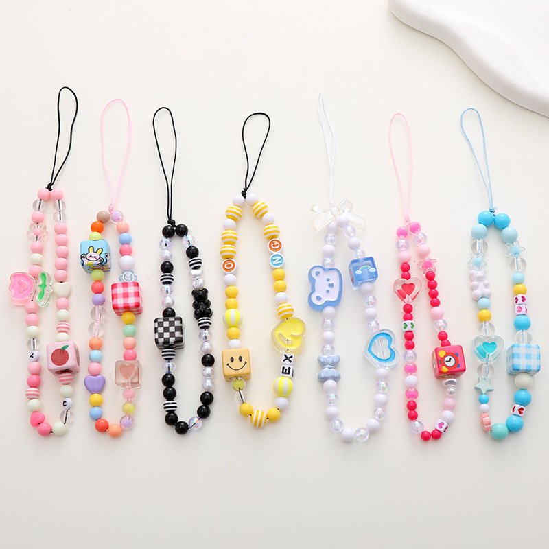 heart charm Butterfly bow strawberry cell phone Beads strap keychain cute for hanging mobile lanyard phone key chain Accessories