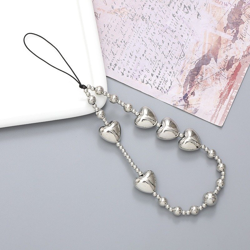Heart Beaded Mobile Phone Strap Free Up Your Hands Phone Pendant Silver Beads Cellphone Lanyard Cute Phone Wrist Strap Women