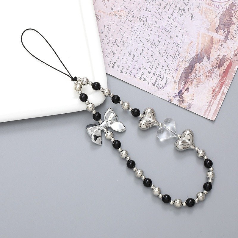 Heart Beaded Mobile Phone Strap Free Up Your Hands Phone Pendant Silver Beads Cellphone Lanyard Cute Phone Wrist Strap Women