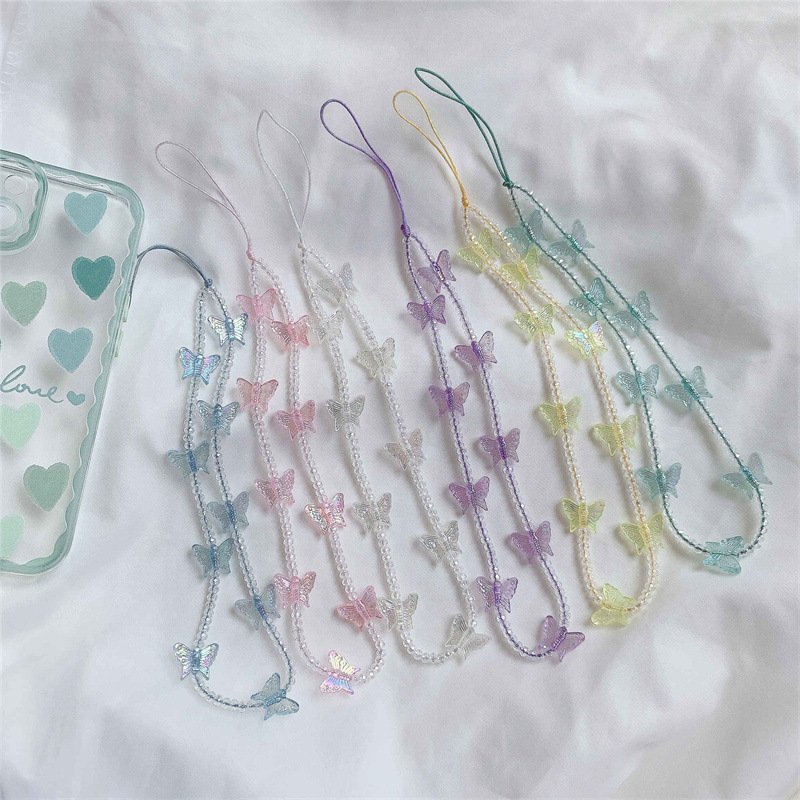 Crystal Clear Mobile Phones Strap Holders Candy Colors Butterfly Beaded Lanyard for IPhone Xiaomi Samsung Key Chains Accessories