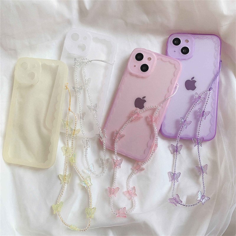 Crystal Clear Mobile Phones Strap Holders Candy Colors Butterfly Beaded Lanyard for IPhone Xiaomi Samsung Key Chains Accessories