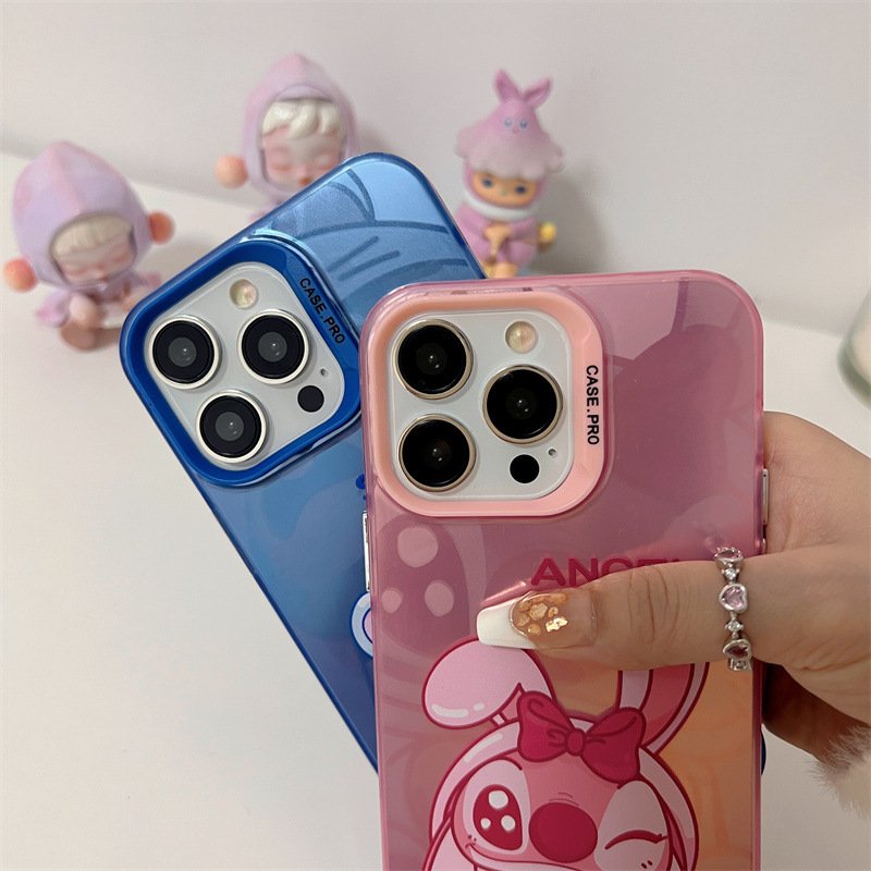 Cute Stitch Acrylic Mobile Phone Case For iPhone 16 15 14 13 12 11 Pro max angel IMD custom Cartoon tpu Shockproof Back Cover