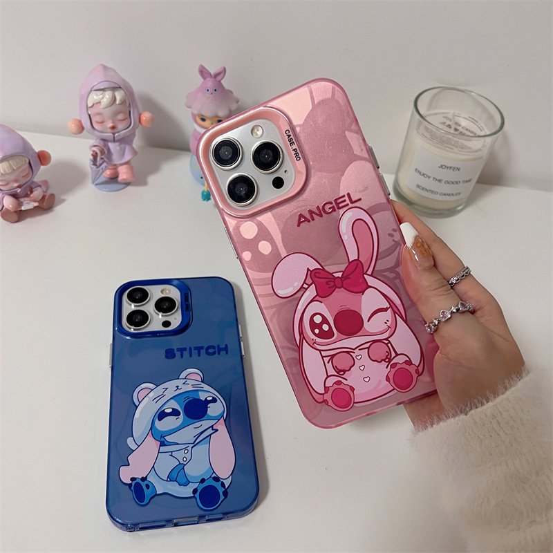 Cute Stitch Acrylic Mobile Phone Case For iPhone 16 15 14 13 12 11 Pro max angel IMD custom Cartoon tpu Shockproof Back Cover