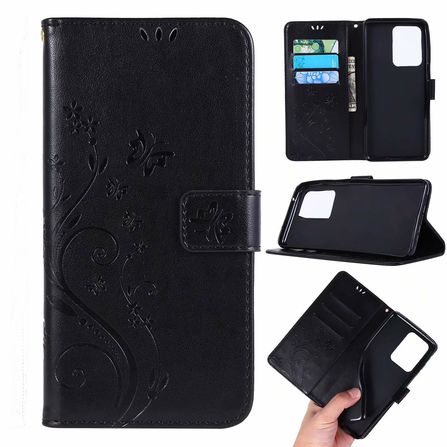 Jmax Flower Butterfly Embossed Wallet Leather Phone Case For Samsung Galaxy S 9 10 20 21 22 23 24 Plus Ultra
