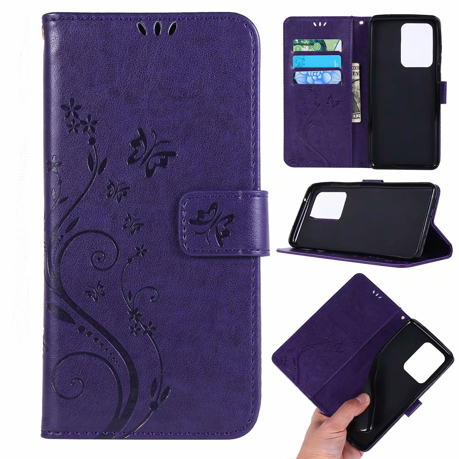 Jmax Flower Butterfly Embossed Wallet Leather Phone Case For Samsung Galaxy S 9 10 20 21 22 23 24 Plus Ultra