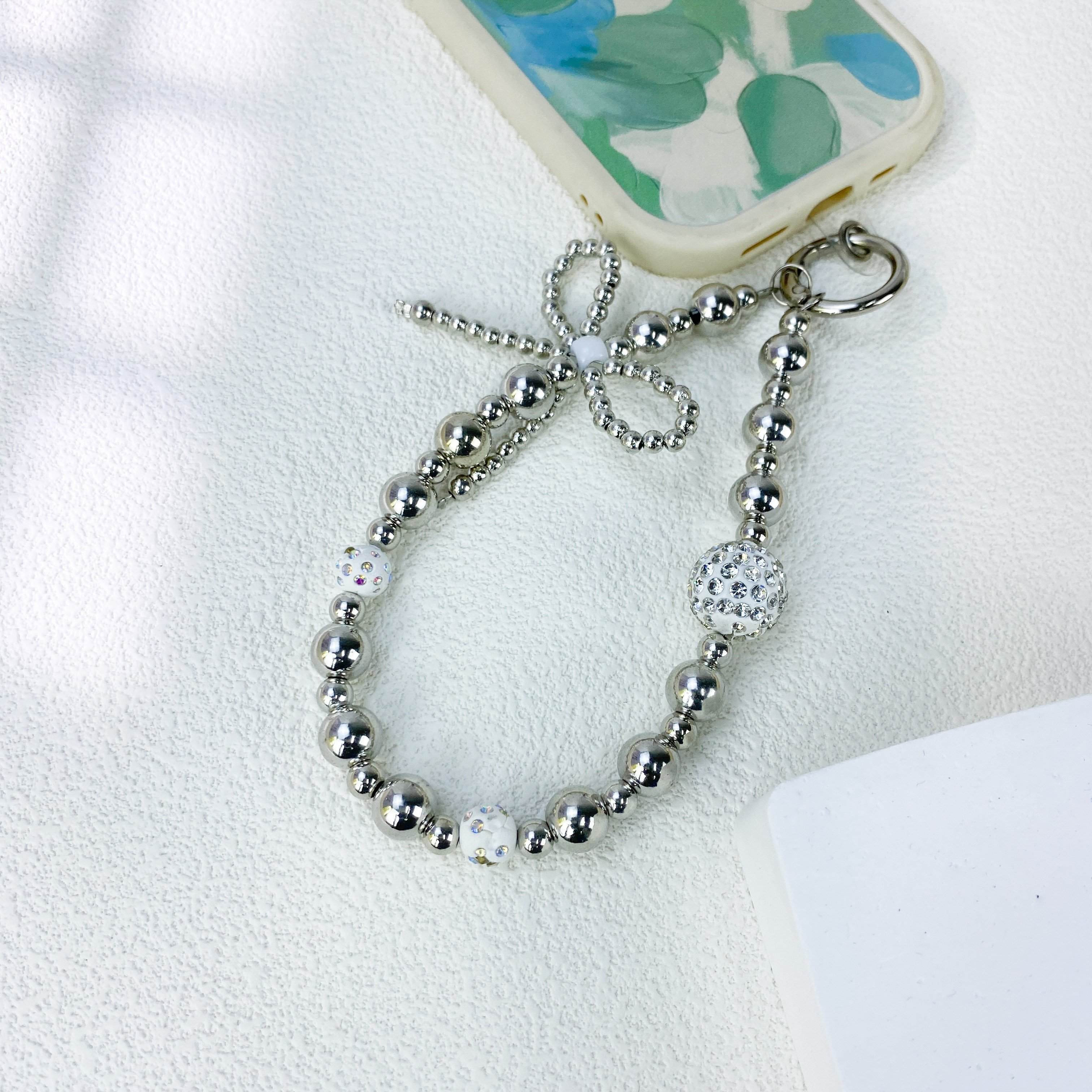 Silver Bow Bracelet Phone Case Lanyard Including High-Definition Transparent Film Wrist Anti-loss Rope Spot Drilling Phone Chain