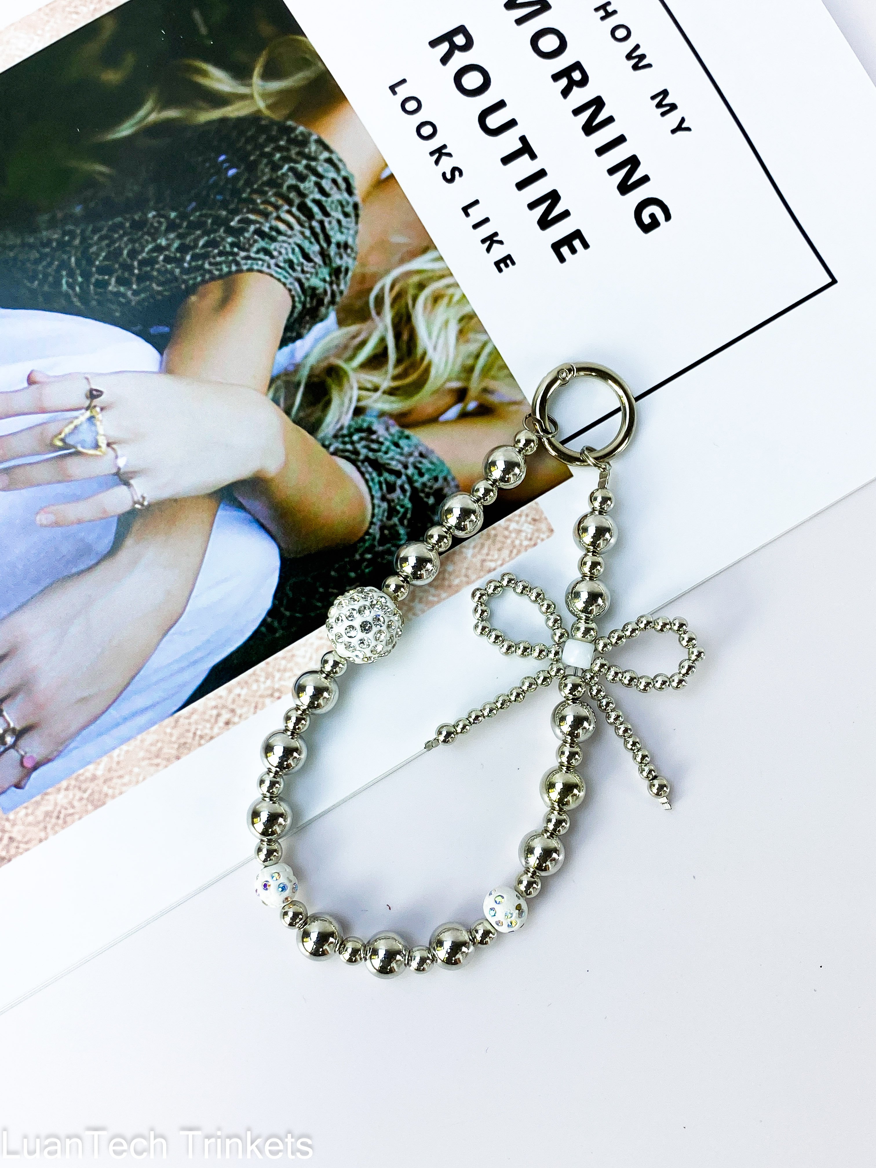 Silver Bow Bracelet Phone Case Lanyard Including High-Definition Transparent Film Wrist Anti-loss Rope Spot Drilling Phone Chain