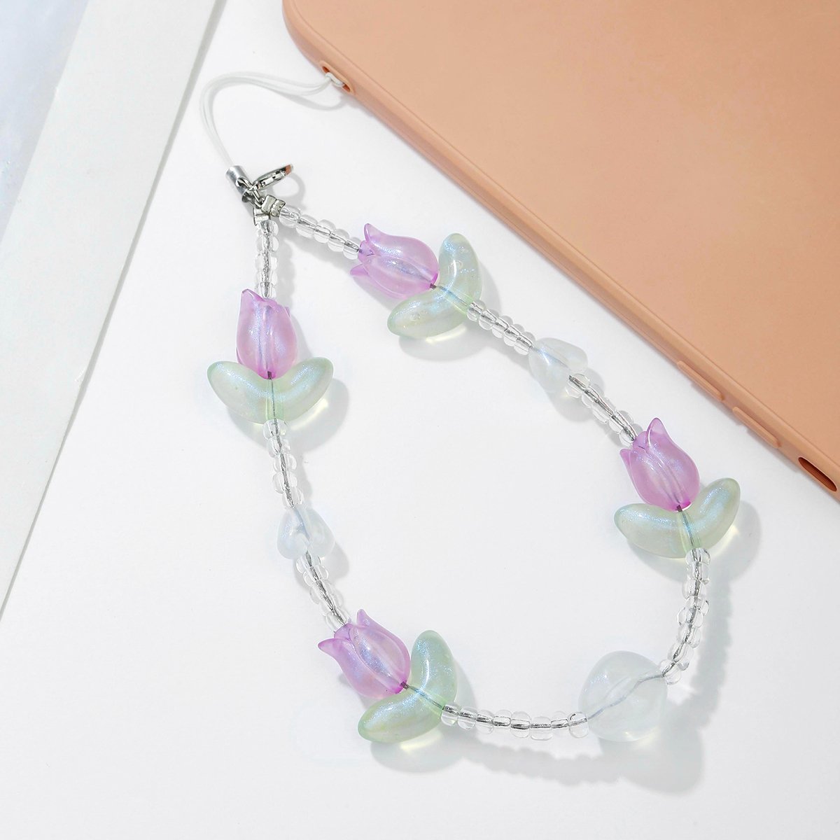 High Quality Fashion Romantic Universal Anti-Loss Phone Chain Multi-Color Acrylic Beaded Flower Petal Pearl Bag Charm