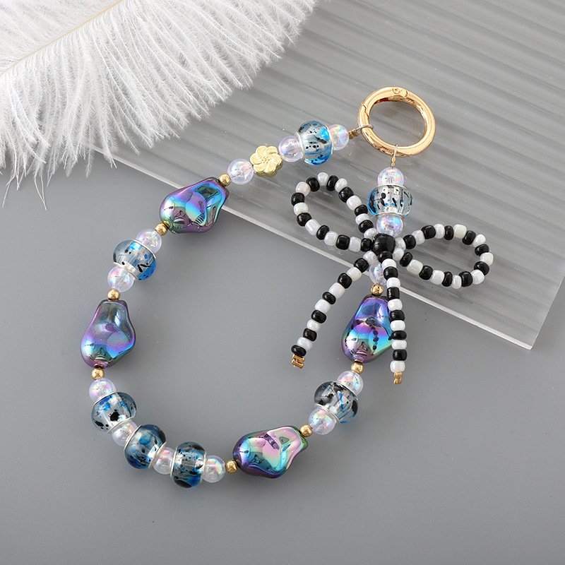 Y2K Bowknot Mobile Phone Straps Pearl Bow Rice Beads Phone Chain Straps Handmade Irregular Beaded Phone Wrist Strap Keychain