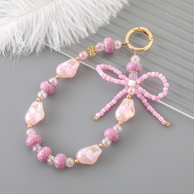Y2K Bowknot Mobile Phone Straps Pearl Bow Rice Beads Phone Chain Straps Handmade Irregular Beaded Phone Wrist Strap Keychain