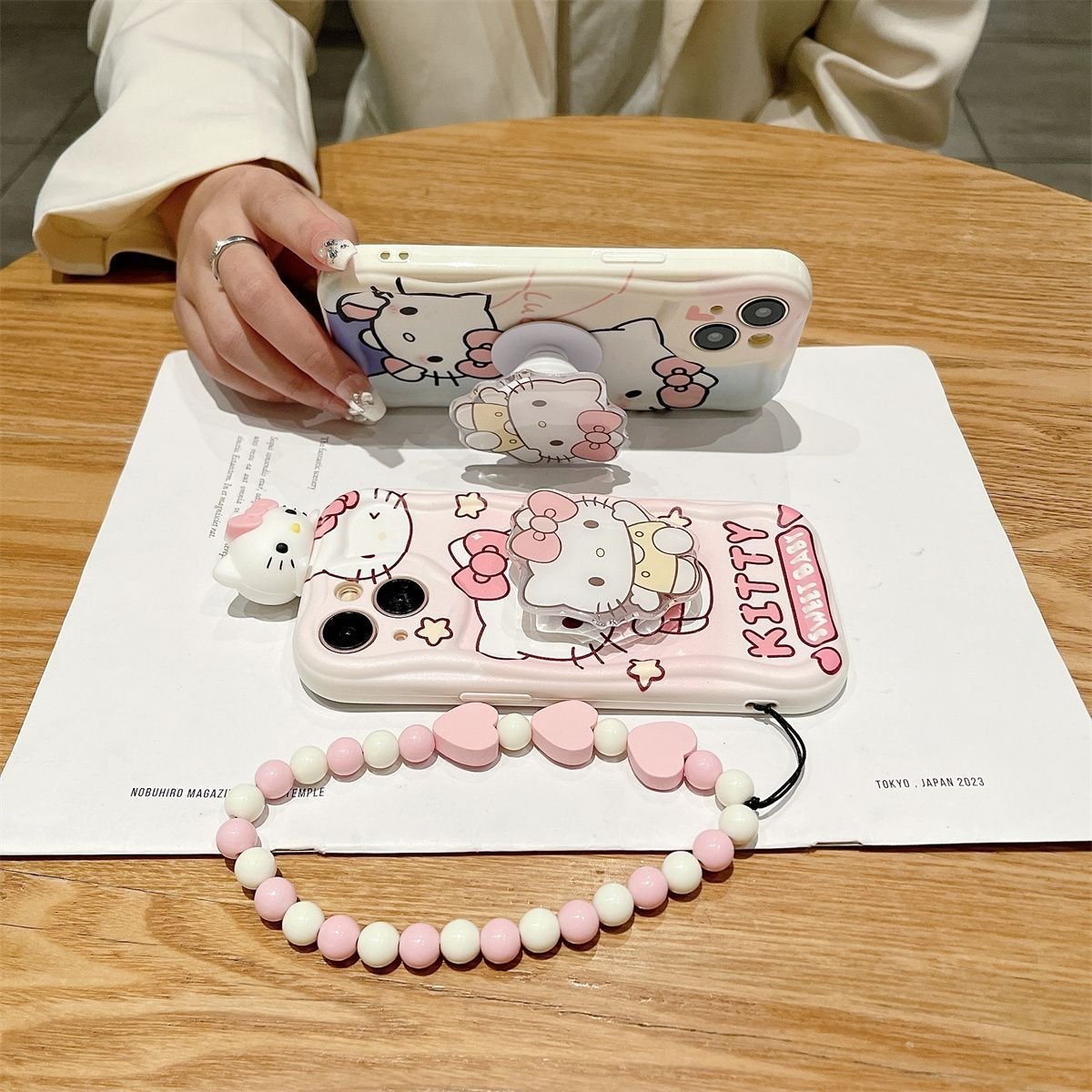 Cartoon Kitty Cat Silicone Mobile Phone Case stand For iPhone 16 15 14 13 12 Pro max chain holder bracelet Shockproof Back cover