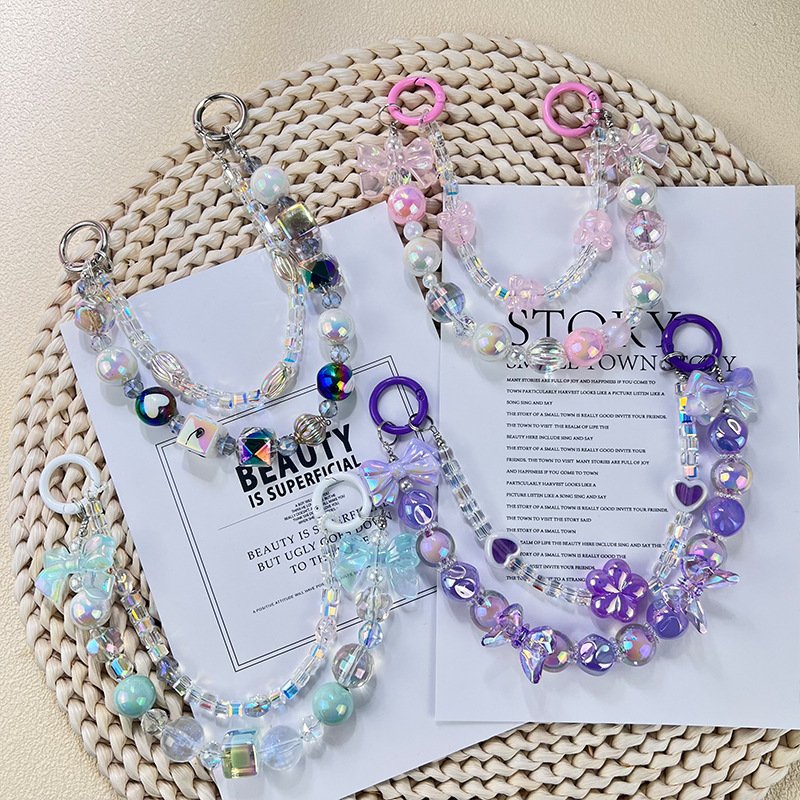 New double chain mobile phone chain colorful shell crystal beaded keychain doll mart pendant accessories