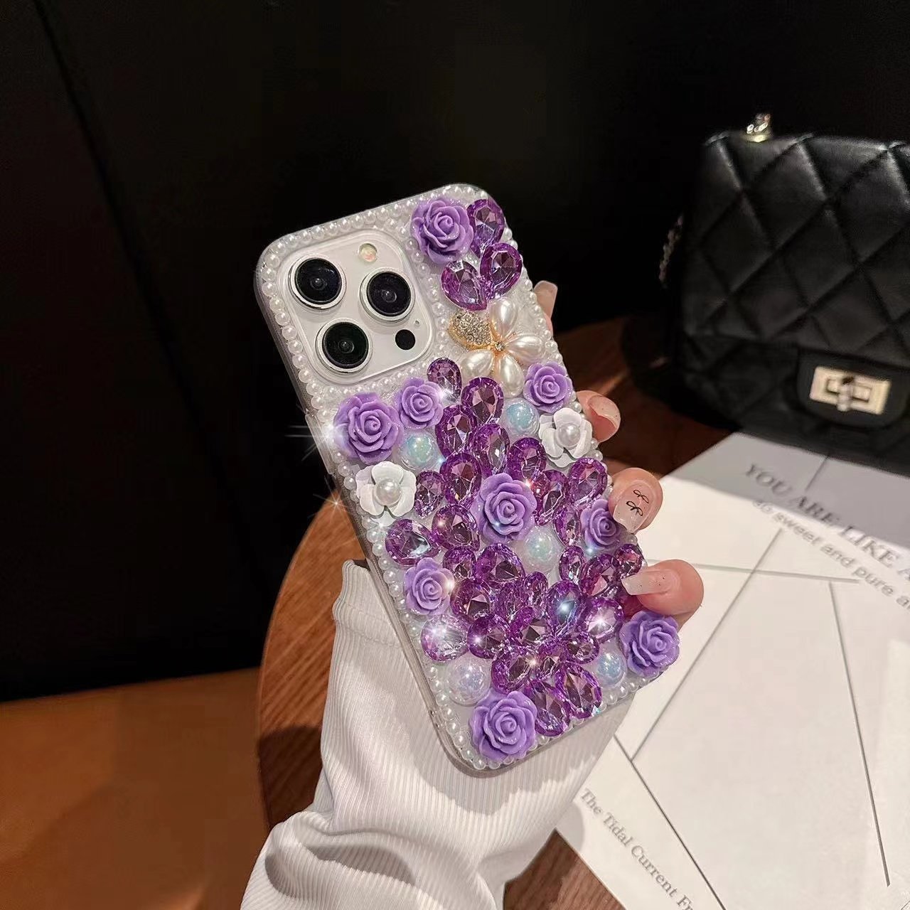 Luxury 3D Sparkle Glitter Diamond Crystal Rhinestone Pearl Shiny Flower for Iphone 15 14 13 12 Pro Max Bling Mobile Phone Cases