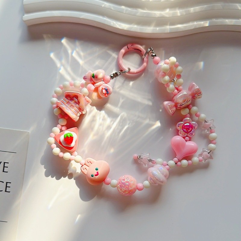 New Cute Creative Beaded Pendant KeyChain Mobile Phone Case Accessories for Girls Acrylic Cellphone Chains KeyChain