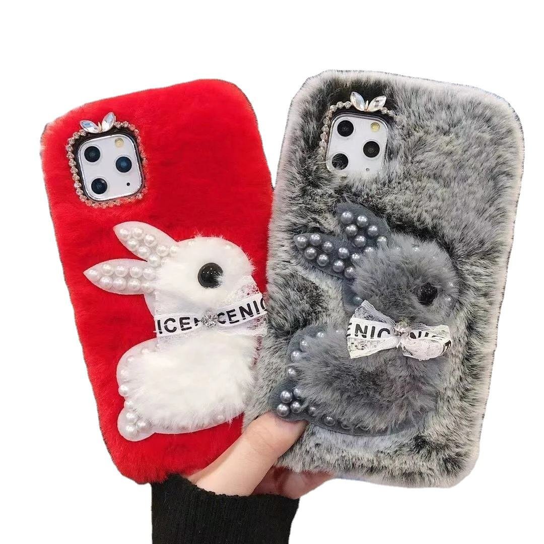 Cute 3D fur Rabbit For IPhone 15 14 13 12 11 Pro Max Fashion Diamond Lens Warm Furry Fur Pearl Lace Rabbit Soft Phone Case Cover