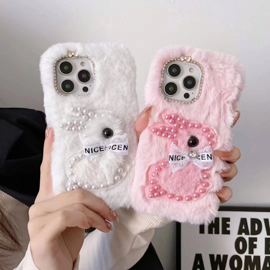 Cute 3D fur Rabbit For IPhone 15 14 13 12 11 Pro Max Fashion Diamond Lens Warm Furry Fur Pearl Lace Rabbit Soft Phone Case Cover