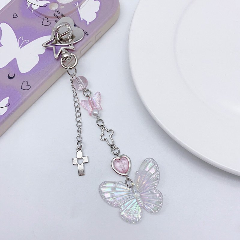 Luoyan Heart Charm Butterfly Bow Strawberry Cell Phone Beads Strap Keychain Cute Mobile Lanyard Phone Key Chain Accessories