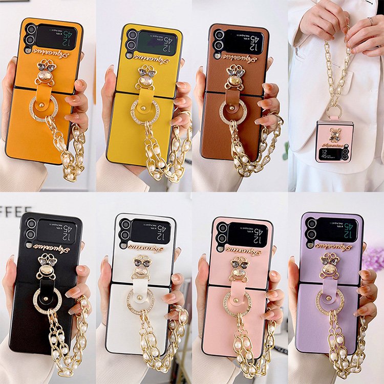 Leather folding screen mobile phone case for sumsung galaxy z flip 5 4 3 phone cover for girls with ring Bracelet