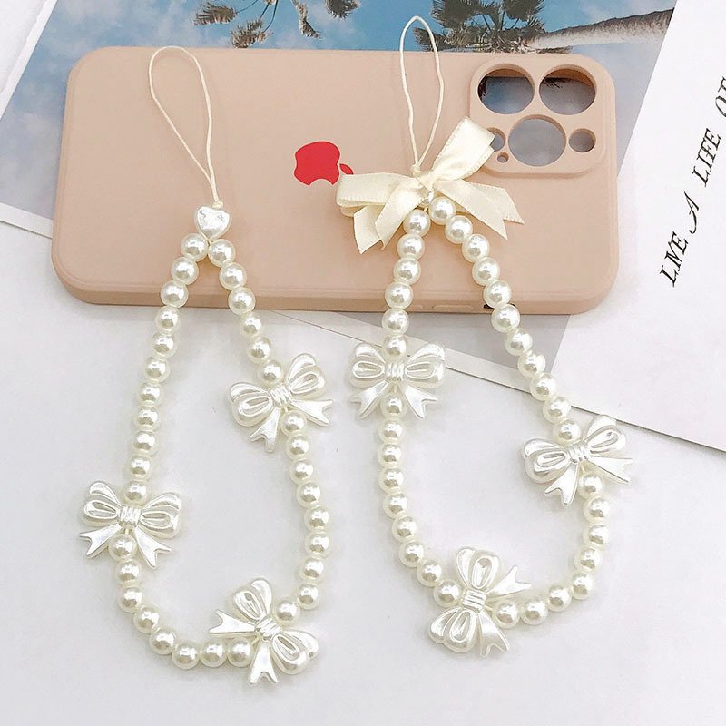 Beaded Mobile Phone Chain Elegant Cellphone Case Hanging Rope Pendant Women's Fashion Butterfly Phone Charm Strap Lanyard Bow