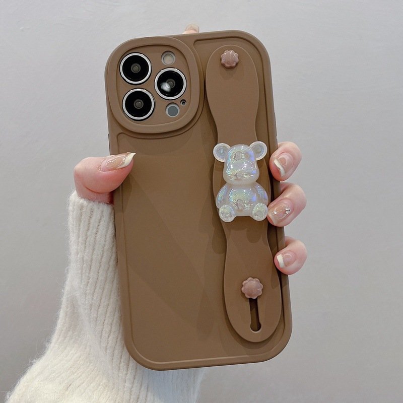 New bracket function for iPhone15promax crystal brute force Bear xr/11/12/14Pro wrist strap cute bear phone case