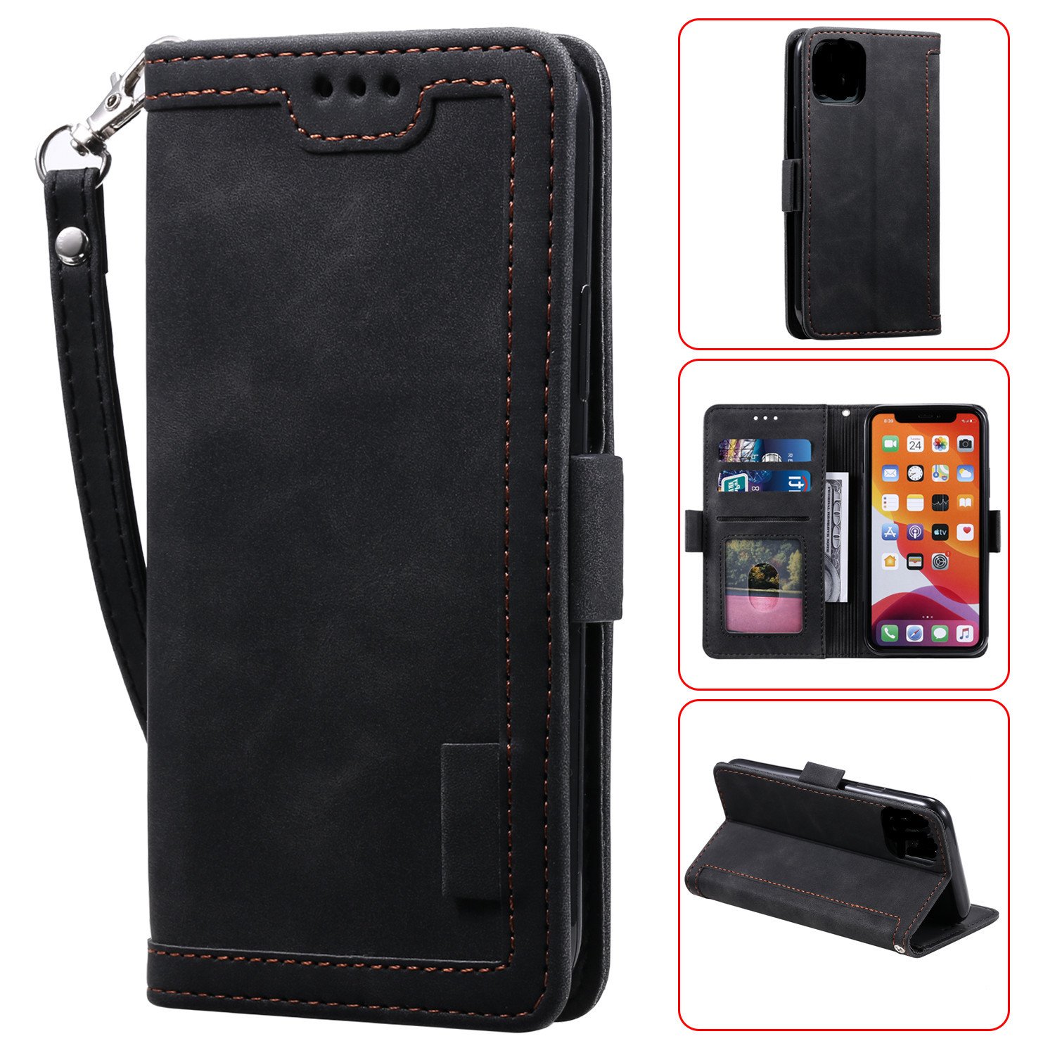 For iphone 6 to 16 pro max skin feeling back cover retro splicing contrasting flip card wallet twist strap mobile phone case
