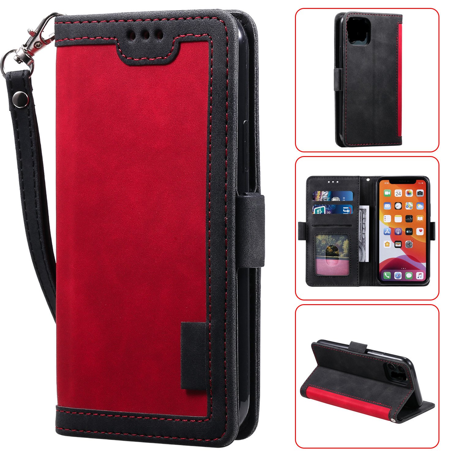 For iphone 6 to 16 pro max skin feeling back cover retro splicing contrasting flip card wallet twist strap mobile phone case