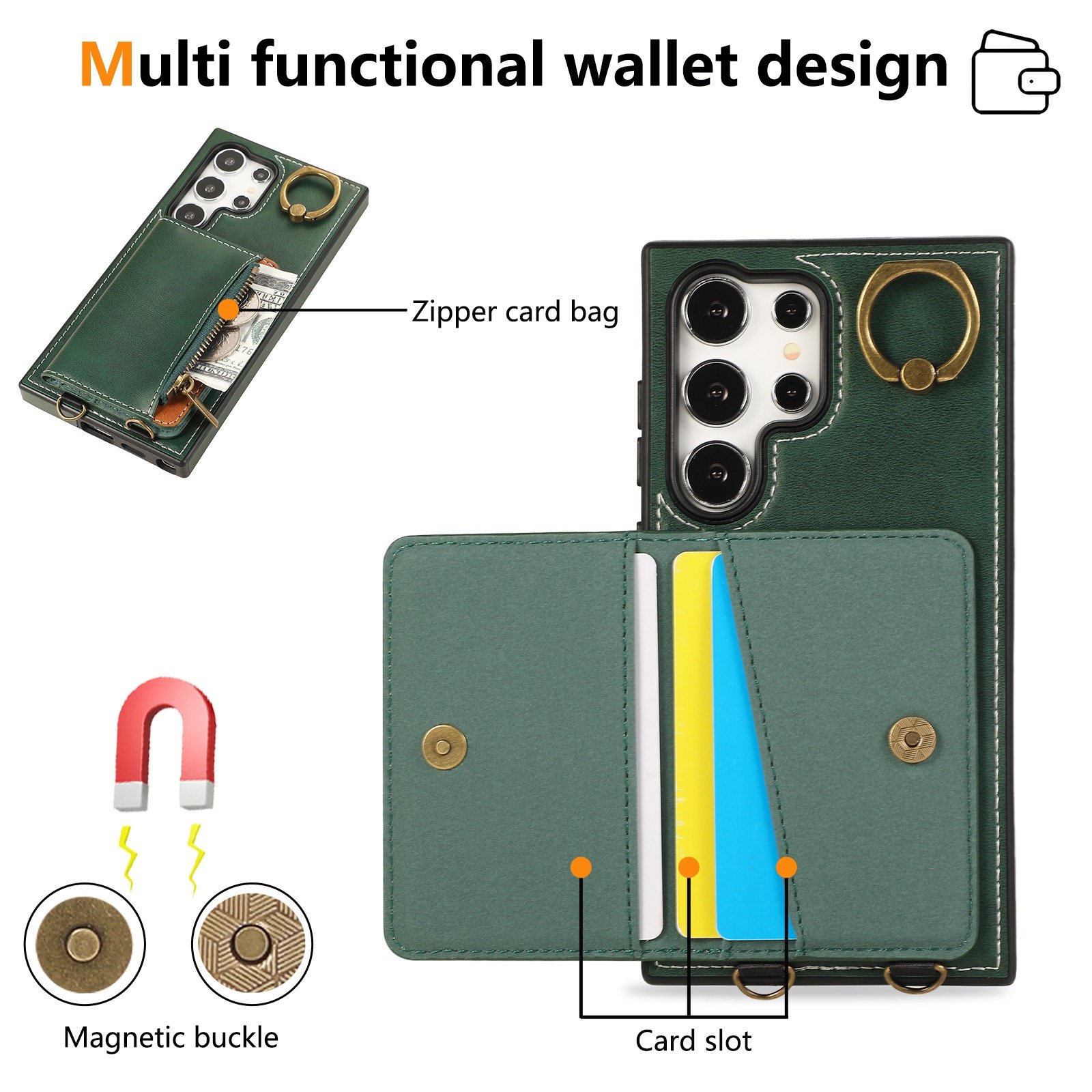 Crossbody Ring Card Holder Zipper Wallet Mobile Phone Case with Strap For Samsung S24 Ultra for Samsung S23 Ultra