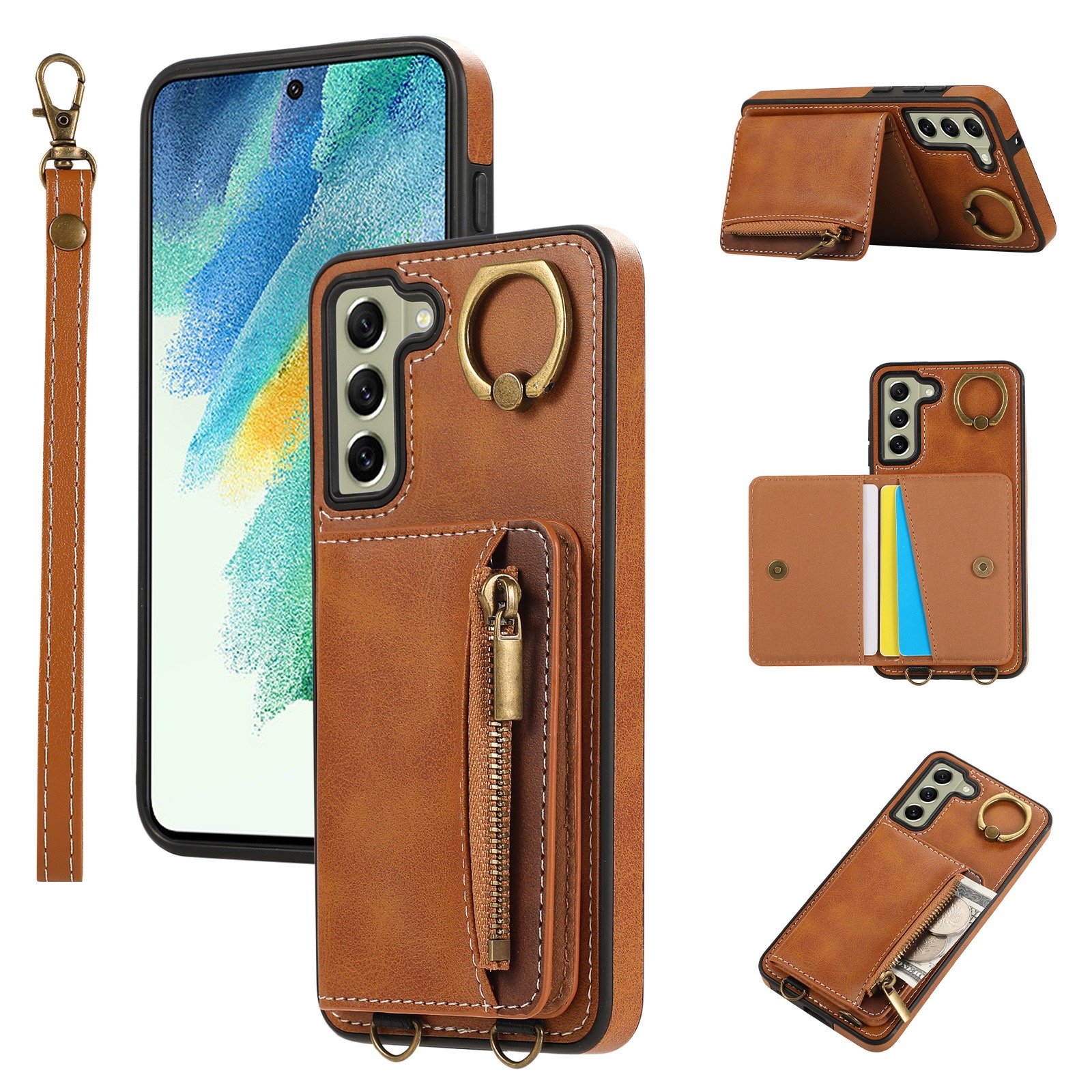 Crossbody Ring Card Holder Zipper Wallet Mobile Phone Case with Strap For Samsung S24 Ultra for Samsung S23 Ultra